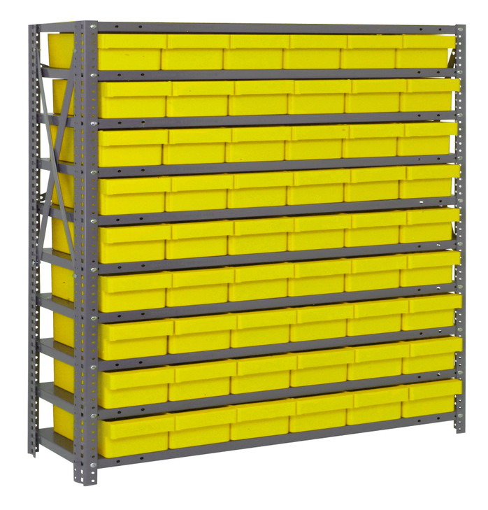 1239-401YL Shelving Unit, 12"D x 36"L x 39"H, heavy duty, 400 lb. load capacity per shelf, includes: (10) shelves, (54) 11-5/8"L x 5-9/16"W x 2-1/8"H (QED401) yellow black bins, uprights and cross bars, galvanized steel finish