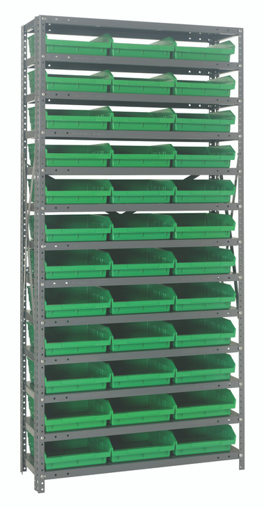 1275-109GN Shelving Unit, 12"D x 36"L x 75"H, heavy duty, 400 lb. load capacity per shelf, includes: (13) shelves, (36) 11-5/8"L x 11-1/8"W x 4"H (QSB109) green black bins, uprights and cross bars, galvanized steel finish