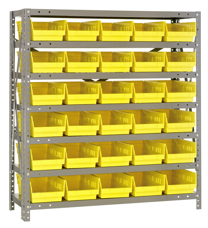 1839-104YL Shelving Unit, 18"D x 36"L x 39"H, heavy duty, 400 lb. load capacity per shelf, includes: (7) shelves, (30) 17-7/8"L x 6-5/8"W x 4"H (QSB104) yellow black bins, uprights and cross bars, galvanized steel finish