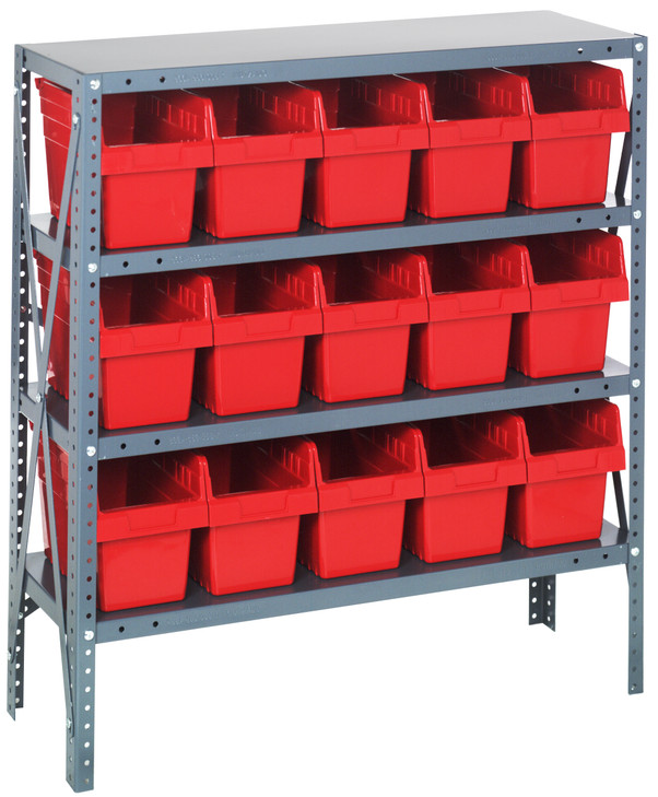 1839-SB804RD Shelving Unit, 18"D x 36"L x 39"H, heavy duty, 400 lb. load capacity per shelf, includes: (4) shelves, (15) 17-7/8"L x 6-5/8"W x 8"H (QSB804) red black bins, uprights and cross bars, galvanized steel finish