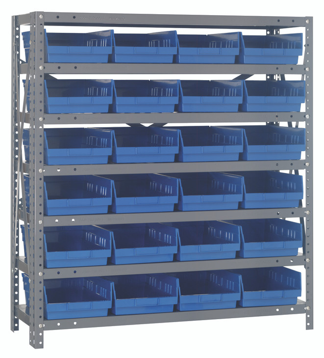 1839-108BL Shelving Unit, 18"D x 36"L x 39"H, heavy duty, 400 lb. load capacity per shelf, includes: (7) shelves, (24) 17-7/8"L x 8-3/8"W x 4"H (QSB108) blue black bins, uprights and cross bars, galvanized steel finish