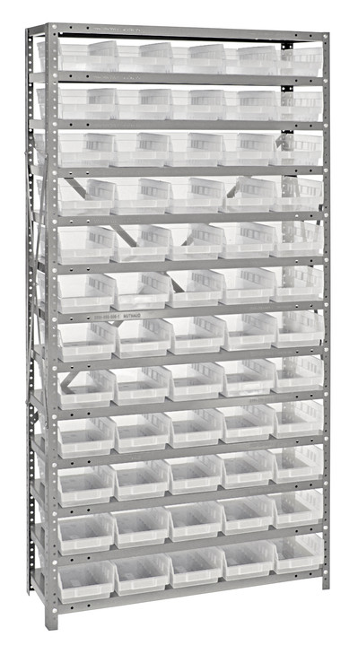 1875-104CL Shelving Unit, 18"D x 36"L x 75"H, heavy duty, 400 lb. load capacity per shelf, includes: (13) shelves, (60) 17-7/8"L x 6-5/8"W x 4"H (QSB104) clear black bins, uprights and cross bars, galvanized steel finish