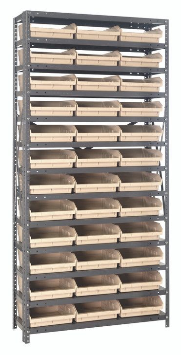 1875-110IV Shelving Unit, 18"D x 36"L x 75"H, heavy duty, 400 lb. load capacity per shelf, includes: (13) shelves, (36) 17-7/8"L x 11-1/8"W x 4"H (QSB110) ivory black bins, uprights and cross bars, galvanized steel finish