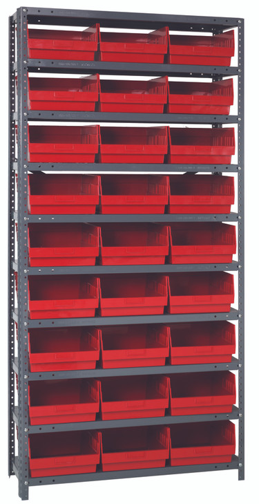 1275-209RD Shelving Unit, 12"D x 36"L x 75"H, heavy duty, 400 lb. load capacity per shelf, includes: (10) shelves, (27) 11-5/8"L x 11-1/8"W x 6"H (QSB209) red black bins, uprights and cross bars, galvanized steel finish