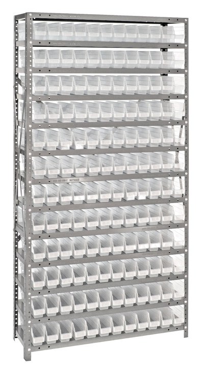 1275-100CL Shelving Unit, 12"D x 36"L x 75"H, heavy duty, 400 lb. load capacity per shelf, includes: (13) shelves, (144) 11-5/8"L x 2-3/4"W x 4"H (QSB100) clear black bins, uprights and cross bars, galvanized steel finish