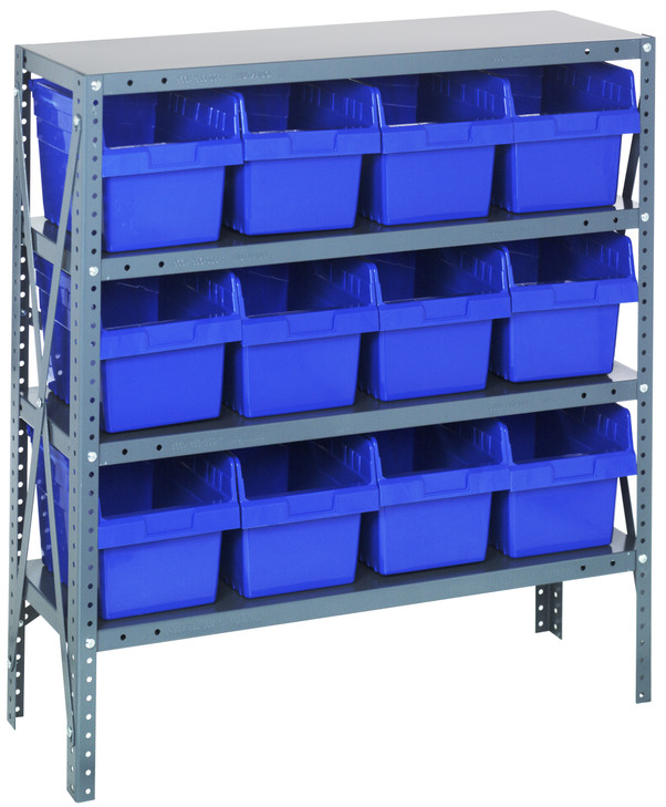 1839-SB808BL Shelving Unit, 18"D x 36"L x 39"H, heavy duty, 400 lb. load capacity per shelf, includes: (4) shelves, (12) 17-7/8"L x 8-3/8"W x 8"H (QSB808) blue black bins, uprights and cross bars, galvanized steel finish