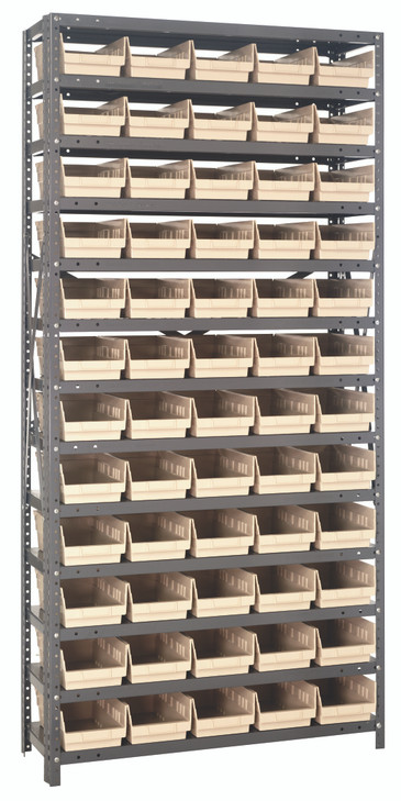 1275-102IV Shelving Unit, 12"D x 36"L x 75"H, heavy duty, 400 lb. load capacity per shelf, includes: (13) shelves, (60) 11-5/8"L x 6-5/8"W x 4"H (QSB102) ivory black bins, uprights and cross bars, galvanized steel finish