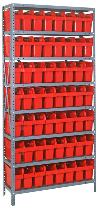 1275-SB801RD Shelving Unit, 12"D x 36"L x 75"H, heavy duty, 400 lb. load capacity per shelf, includes: (8) shelves, (56) 11-5/8"L x 4-3/8"W x 8"H (QSB801) red black bins, uprights and cross bars, galvanized steel finish