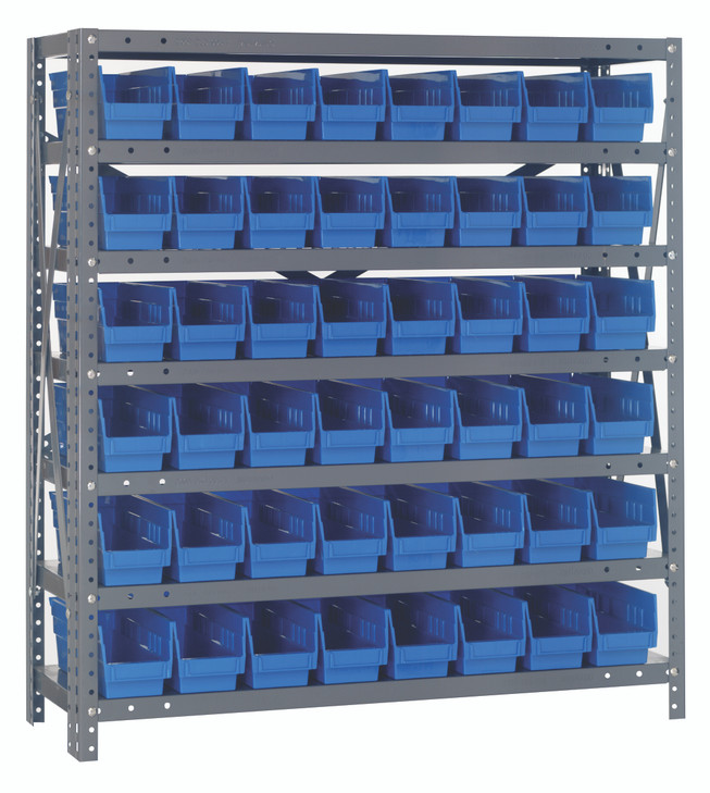 1839-103BL Shelving Unit, 18"D x 36"L x 39"H, heavy duty, 400 lb. load capacity per shelf, includes: (7) shelves, (48) 17-7/8"L x 4-1/8"W x 4"H (QSB103) blue black bins, uprights and cross bars, galvanized steel finish