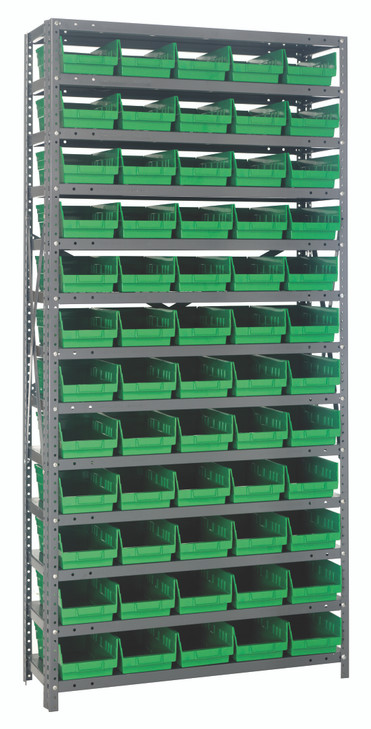 1875-104GN Shelving Unit, 18"D x 36"L x 75"H, heavy duty, 400 lb. load capacity per shelf, includes: (13) shelves, (60) 17-7/8"L x 6-5/8"W x 4"H (QSB104) green black bins, uprights and cross bars, galvanized steel finish