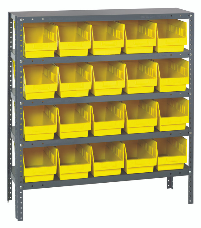 1239-202YL Shelving Unit, 12"D x 36"L x 39"H, heavy duty, 400 lb. load capacity per shelf, includes: (5) shelves, (20) 11-5/8"L x 6-5/8"W x 6"H (QSB202) yellow black bins, uprights and cross bars, galvanized steel finish