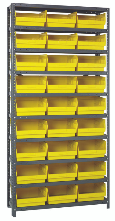 1275-209YL Shelving Unit, 12"D x 36"L x 75"H, heavy duty, 400 lb. load capacity per shelf, includes: (10) shelves, (27) 11-5/8"L x 11-1/8"W x 6"H (QSB209) yellow black bins, uprights and cross bars, galvanized steel finish
