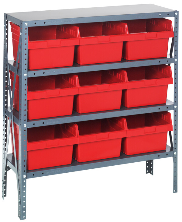 1239-SB809RD Shelving Unit, 12"D x 36"L x 39"H, heavy duty, 400 lb. load capacity per shelf, includes: (4) shelves, (9) 11-5/8"L x 11-1/8"W x 8"H (QSB809) red black bins, uprights and cross bars, galvanized steel finish