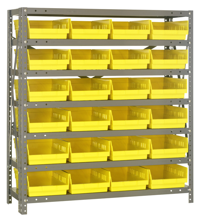 1239-107YL Shelving Unit, 12"D x 36"L x 39"H, heavy duty, 400 lb. load capacity per shelf, includes: (7) shelves, (24) 11-5/8"L x 8-3/8"W x 4"H (QSB107) yellow black bins, uprights and cross bars, galvanized steel finish