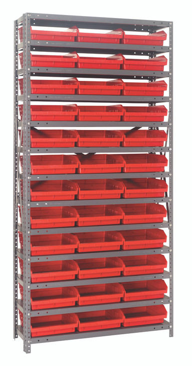 1875-110RD Shelving Unit, 18"D x 36"L x 75"H, heavy duty, 400 lb. load capacity per shelf, includes: (13) shelves, (36) 17-7/8"L x 11-1/8"W x 4"H (QSB110) red black bins, uprights and cross bars, galvanized steel finish