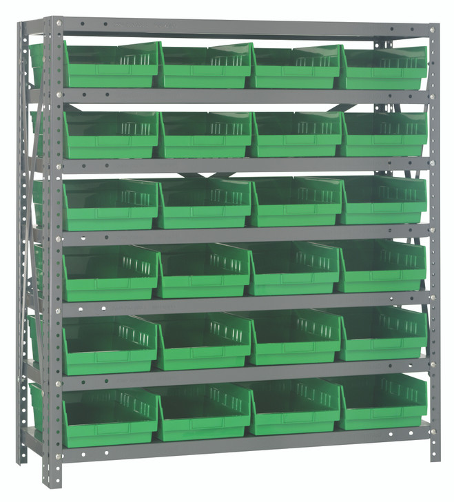 1839-108GN Shelving Unit, 18"D x 36"L x 39"H, heavy duty, 400 lb. load capacity per shelf, includes: (7) shelves, (24) 17-7/8"L x 8-3/8"W x 4"H (QSB108) green black bins, uprights and cross bars, galvanized steel finish