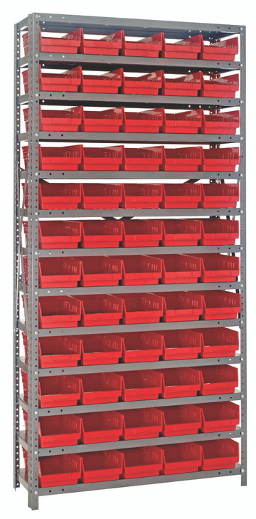 1275-102RD Shelving Unit, 12"D x 36"L x 75"H, heavy duty, 400 lb. load capacity per shelf, includes: (13) shelves, (60) 11-5/8"L x 6-5/8"W x 4"H (QSB102) red black bins, uprights and cross bars, galvanized steel finish