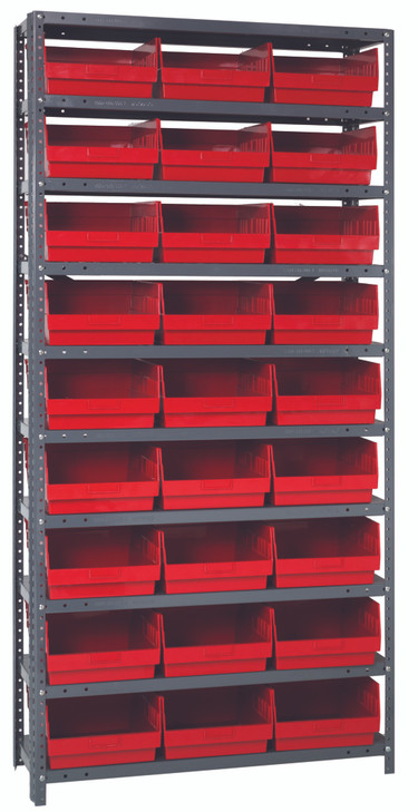 1875-210RD Shelving Unit, 18"D x 36"L x 75"H, heavy duty, 400 lb. load capacity per shelf, includes: (13) shelves, (27) 17-7/8"L x 11-1/8"W x 4"H (QSB210) red black bins, uprights and cross bars, galvanized steel finish