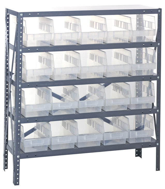 1839-204CL Shelving Unit, 18"D x 36"L x 39"H, heavy duty, 400 lb. load capacity per shelf, includes: (5) shelves, (20) 17-7/8"L x 6-5/8"W x 6"H (QSB204) clear black bins, uprights and cross bars, galvanized steel finish