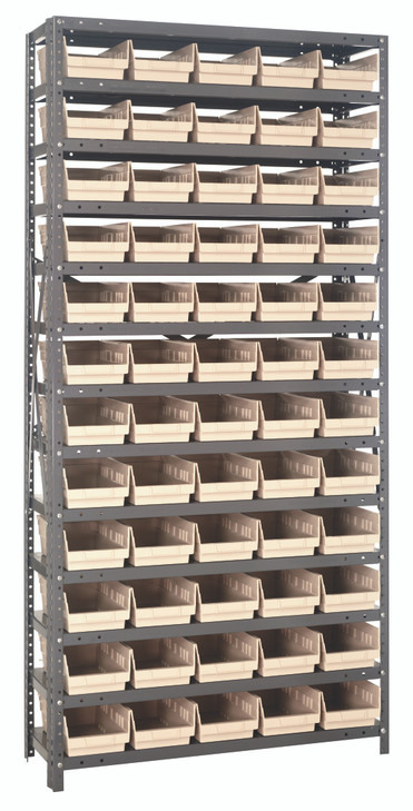 1875-104IV Shelving Unit, 18"D x 36"L x 75"H, heavy duty, 400 lb. load capacity per shelf, includes: (13) shelves, (60) 17-7/8"L x 6-5/8"W x 4"H (QSB104) ivory black bins, uprights and cross bars, galvanized steel finish