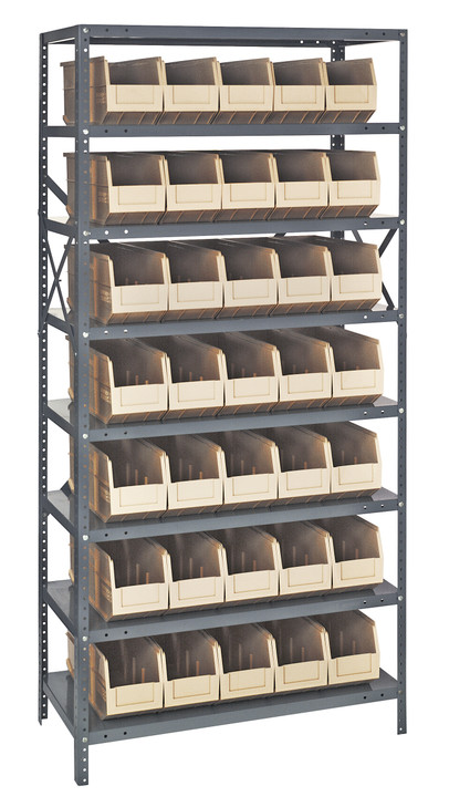 1275-441IV Shelving Unit, 12"D x 36"L x 75"H, heavy duty, 400 lb. load capacity per shelf, includes: (8) shelves, (35) 14"L x 6"W x 7"H (SSB441) ivory black bins, uprights and cross bars, galvanized steel finish