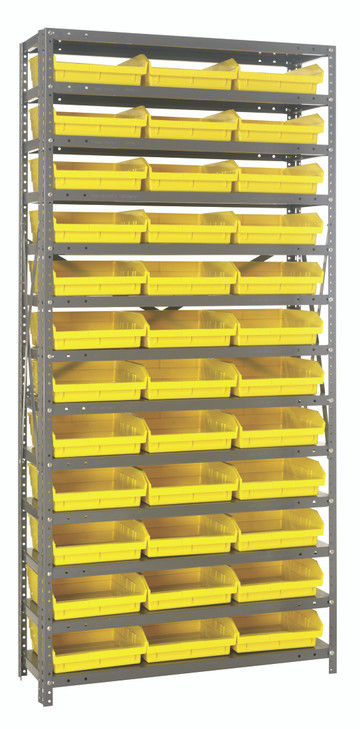1875-110YL Shelving Unit, 18"D x 36"L x 75"H, heavy duty, 400 lb. load capacity per shelf, includes: (13) shelves, (36) 17-7/8"L x 11-1/8"W x 4"H (QSB110) yellow black bins, uprights and cross bars, galvanized steel finish