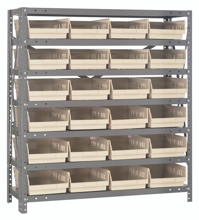 1839-108IV Shelving Unit, 18"D x 36"L x 39"H, heavy duty, 400 lb. load capacity per shelf, includes: (7) shelves, (24) 17-7/8"L x 8-3/8"W x 4"H (QSB108) ivory black bins, uprights and cross bars, galvanized steel finish