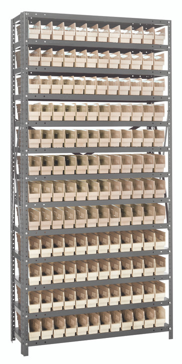 1275-100IV Shelving Unit, 12"D x 36"L x 75"H, heavy duty, 400 lb. load capacity per shelf, includes: (13) shelves, (144) 11-5/8"L x 2-3/4"W x 4"H (QSB100) ivory black bins, uprights and cross bars, galvanized steel finish