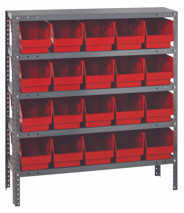 1839-204RD Shelving Unit, 18"D x 36"L x 39"H, heavy duty, 400 lb. load capacity per shelf, includes: (5) shelves, (20) 17-7/8"L x 6-5/8"W x 6"H (QSB204) red black bins, uprights and cross bars, galvanized steel finish
