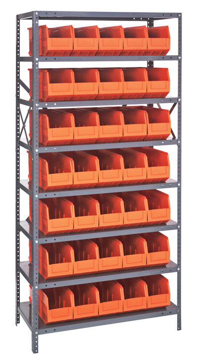 1275-441OR Shelving Unit, 12"D x 36"L x 75"H, heavy duty, 400 lb. load capacity per shelf, includes: (8) shelves, (35) 14"L x 6"W x 7"H (SSB441) orange black bins, uprights and cross bars, galvanized steel finish