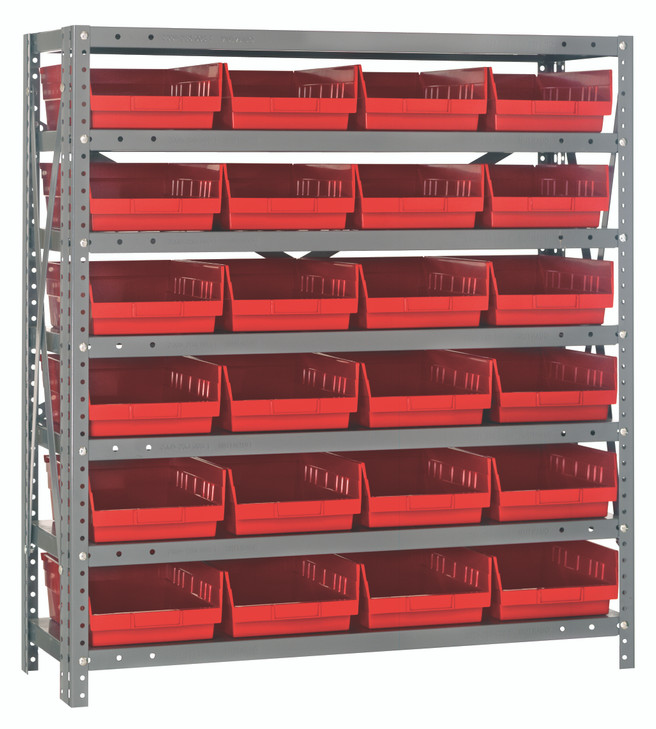 1839-108RD Shelving Unit, 18"D x 36"L x 39"H, heavy duty, 400 lb. load capacity per shelf, includes: (7) shelves, (24) 17-7/8"L x 8-3/8"W x 4"H (QSB108) red black bins, uprights and cross bars, galvanized steel finish