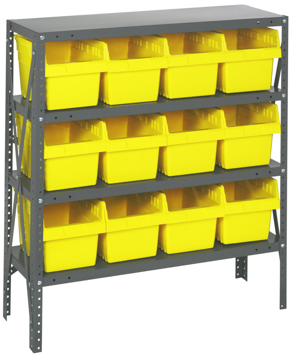 1839-SB808YL Shelving Unit, 18"D x 36"L x 39"H, heavy duty, 400 lb. load capacity per shelf, includes: (4) shelves, (12) 17-7/8"L x 8-3/8"W x 8"H (QSB808) yellow black bins, uprights and cross bars, galvanized steel finish