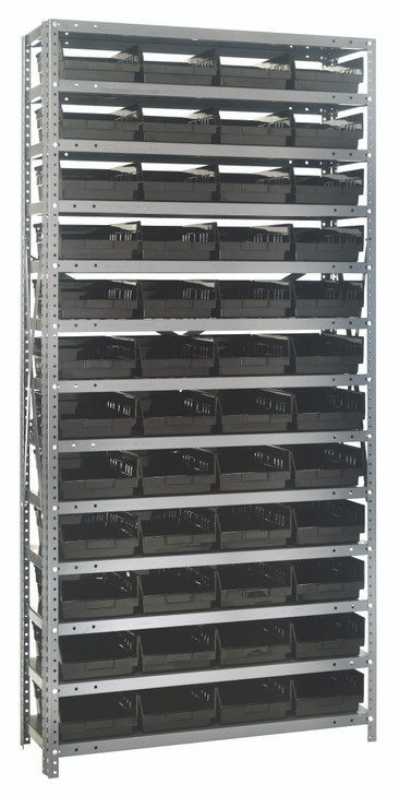 1275-107BK Shelving Unit, 12"D x 36"L x 75"H, heavy duty, 400 lb. load capacity per shelf, includes: (13) shelves, (48) 11-5/8"L x 8-3/8"W x 4"H (QSB107) black black bins, uprights and cross bars, galvanized steel finish