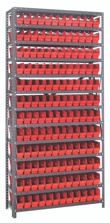 1275-100RD Shelving Unit, 12"D x 36"L x 75"H, heavy duty, 400 lb. load capacity per shelf, includes: (13) shelves, (144) 11-5/8"L x 2-3/4"W x 4"H (QSB100) red black bins, uprights and cross bars, galvanized steel finish