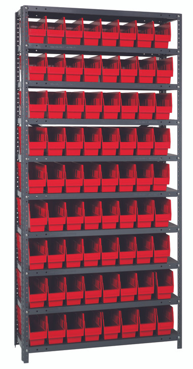 1275-201RD Shelving Unit, 12"D x 36"L x 75"H, heavy duty, 400 lb. load capacity per shelf, includes: (10) shelves, (72) 11-5/8"L x 4-1/8"W x 6"H (QSB201) red black bins, uprights and cross bars, galvanized steel finish