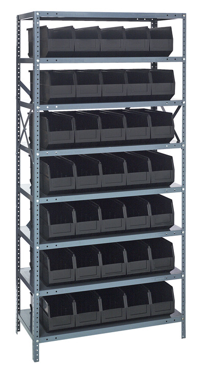 1875-461BK Shelving Unit, 18"D x 36"L x 75"H, heavy duty, 400 lb. load capacity per shelf, includes: (8) shelves, (35) 18"L x 6"W x 7"H (SSB461) black black bins, uprights and cross bars, galvanized steel finish