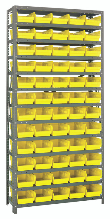1875-104YL Shelving Unit, 18"D x 36"L x 75"H, heavy duty, 400 lb. load capacity per shelf, includes: (13) shelves, (60) 17-7/8"L x 6-5/8"W x 4"H (QSB104) yellow black bins, uprights and cross bars, galvanized steel finish