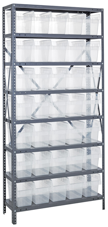 1275-SB802CL Shelving Unit, 12"D x 36"L x 75"H, heavy duty, 400 lb. load capacity per shelf, includes: (8) shelves, (35) 11-5/8"L x 6-5/8"W x 8"H (QSB802) clear black bins, uprights and cross bars, galvanized steel finish