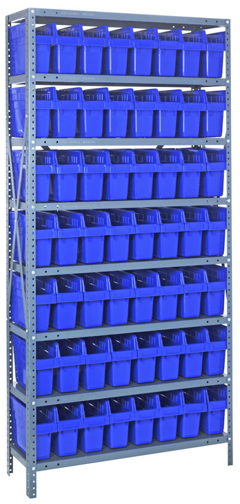 1875-SB803BL Shelving Unit, 18"D x 36"L x 75"H, heavy duty, 400 lb. load capacity per shelf, includes: (8) shelves, (56) 17-7/8"L x 4-3/8"W x 8"H (SSB803) blue black bins, uprights and cross bars, galvanized steel finish