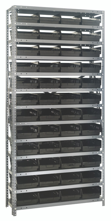 1875-108BK Shelving Unit, 18"D x 36"L x 75"H, heavy duty, 400 lb. load capacity per shelf, includes: (13) shelves, (48) 17-7/8"L x 8-3/8"W x 4"H (QSB108) black black bins, uprights and cross bars, galvanized steel finish