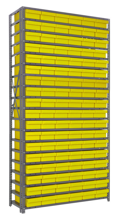 1275-401YL Shelving Unit, 12"D x 36"L x 75"H, heavy duty, 400 lb. load capacity per shelf, includes: (19) shelves, (27) 11-5/8"L x 5-9/16"W x 2-1/8"H (QED401) yellow black bins, uprights and cross bars, galvanized steel finish
