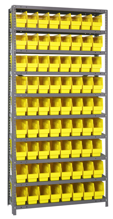 1275-201YL Shelving Unit, 12"D x 36"L x 75"H, heavy duty, 400 lb. load capacity per shelf, includes: (10) shelves, (72) 11-5/8"L x 4-1/8"W x 6"H (QSB201) yellow black bins, uprights and cross bars, galvanized steel finish