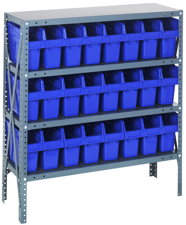 1839-SB803BL Shelving Unit, 18"D x 36"L x 39"H, heavy duty, 400 lb. load capacity per shelf, includes: (4) shelves, (24) 17-7/8"L x 4-3/8"W x 8"H (QSB803) blue black bins, uprights and cross bars, galvanized steel finish