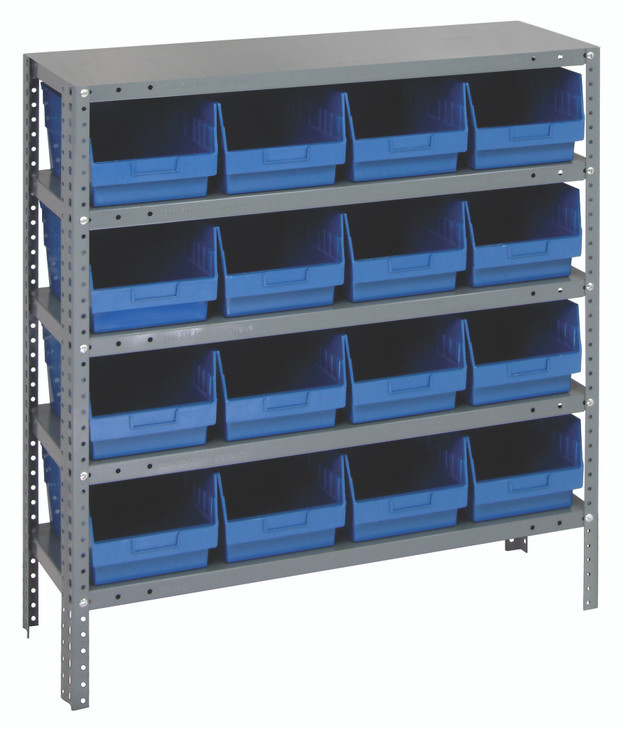 1839-208BL Shelving Unit, 18"D x 36"L x 39"H, heavy duty, 400 lb. load capacity per shelf, includes: (5) shelves, (16) 17-7/8"L x 8-3/8"W x 6"H (QSB208) blue black bins, uprights and cross bars, galvanized steel finish