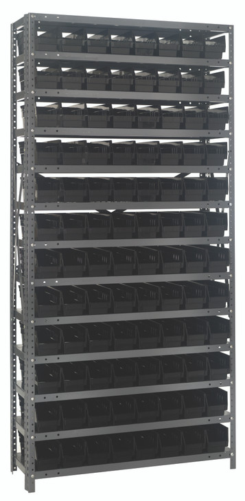 1275-101BK Shelving Unit, 12"D x 36"L x 75"H, heavy duty, 400 lb. load capacity per shelf, includes: (13) shelves, (96) 11-5/8"L x 4-1/8"W x 4"H (QSB101) black black bins, uprights and cross bars, galvanized steel finish