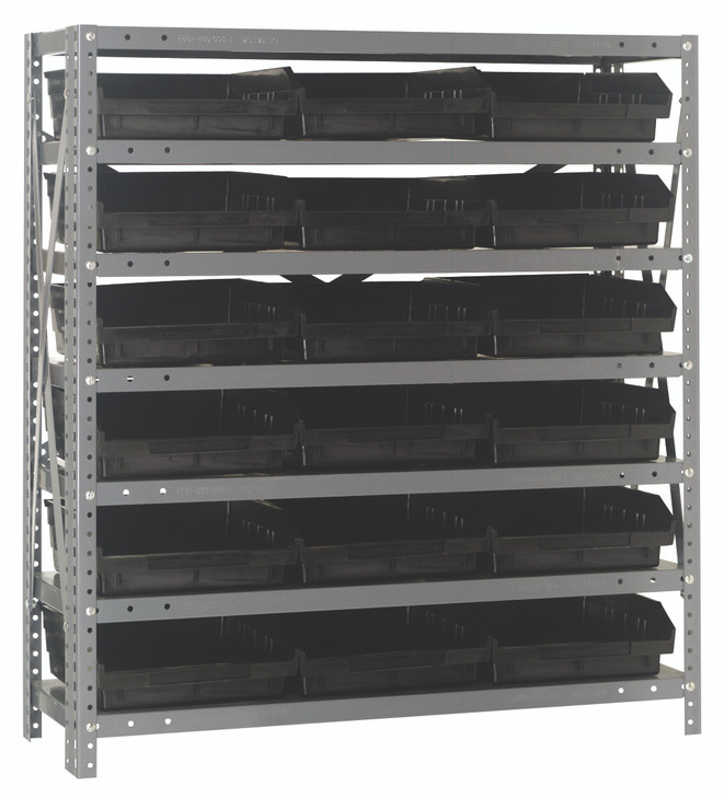 1839-110BK Shelving Unit, 18"D x 36"L x 39"H, heavy duty, 400 lb. load capacity per shelf, includes: (7) shelves, (18) 17-7/8"L x 11-1/8"W x 4"H (QSB110) black black bins, uprights and cross bars, galvanized steel finish