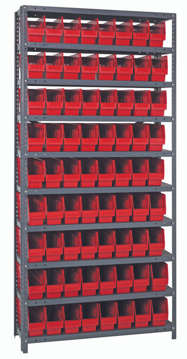 1875-203RD Shelving Unit, 18"D x 36"L x 75"H, heavy duty, 400 lb. load capacity per shelf, includes: (13) shelves, (72) 17-7/8"L x 4-1/8"W x 4"H (QSB203) red black bins, uprights and cross bars, galvanized steel finish