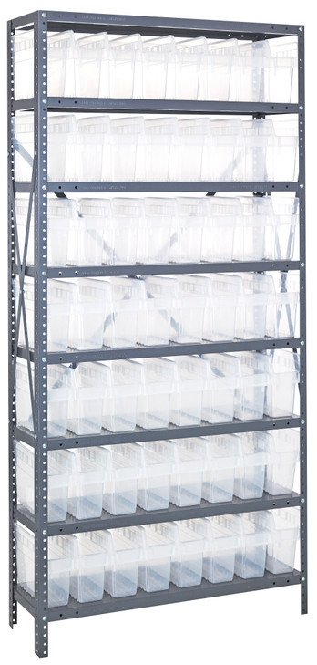 1875-SB803CL Shelving Unit, 18"D x 36"L x 75"H, heavy duty, 400 lb. load capacity per shelf, includes: (8) shelves, (56) 17-7/8"L x 4-3/8"W x 8"H (SSB803) clear black bins, uprights and cross bars, galvanized steel finish
