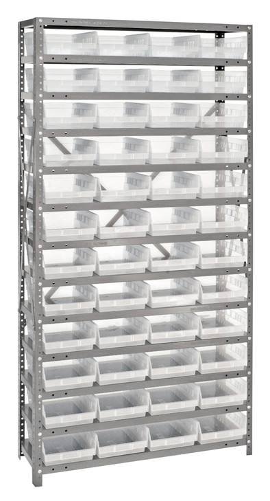 1275-107CL Shelving Unit, 12"D x 36"L x 75"H, heavy duty, 400 lb. load capacity per shelf, includes: (13) shelves, (48) 11-5/8"L x 8-3/8"W x 4"H (QSB107) clear black bins, uprights and cross bars, galvanized steel finish
