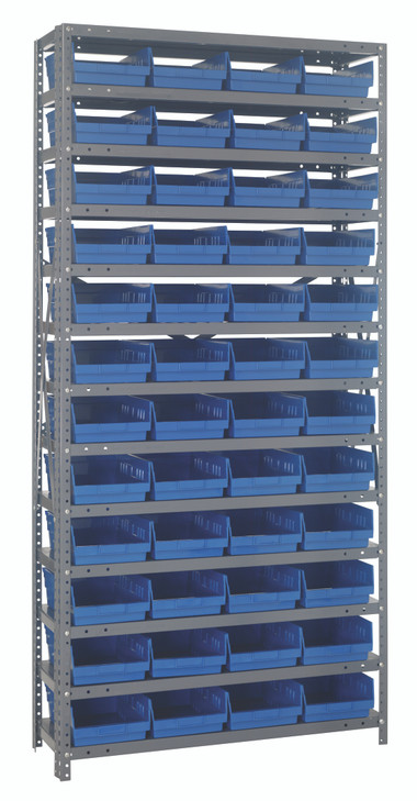 1875-108BL Shelving Unit, 18"D x 36"L x 75"H, heavy duty, 400 lb. load capacity per shelf, includes: (13) shelves, (48) 17-7/8"L x 8-3/8"W x 4"H (QSB108) blue black bins, uprights and cross bars, galvanized steel finish